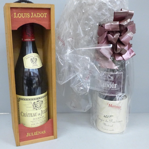 807 - A bottle of Louis Jadot Julienas red wine and a bottle of Champagne Manoir Aux Quat-Saison with a sc... 