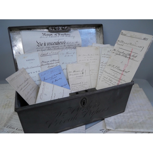 865 - Indentures, etc. A metal document box containing indentures and other legal documents from the 1800'... 