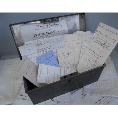 865 - Indentures, etc. A metal document box containing indentures and other legal documents from the 1800'... 