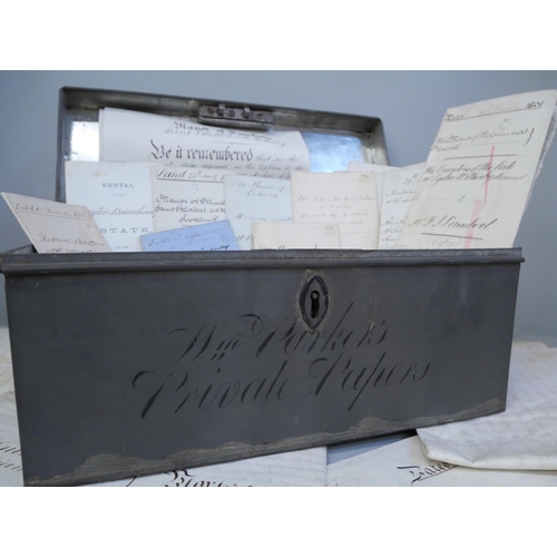 865 - Indentures, etc. A metal document box containing indentures and other legal documents from the 1800'... 