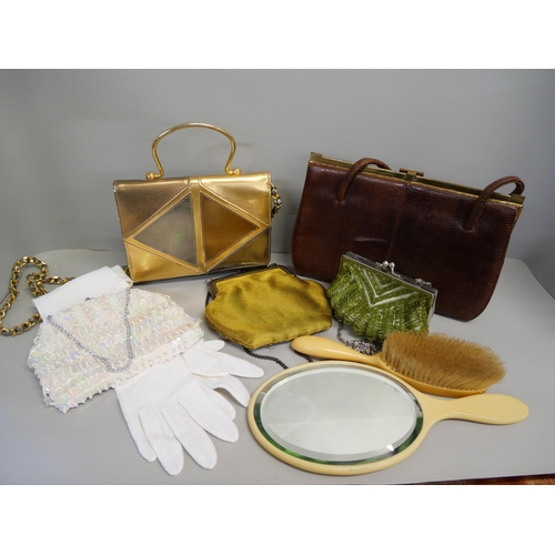 885 - Vintage handbag and purses, gloves, mirror and brush