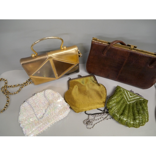 885 - Vintage handbag and purses, gloves, mirror and brush