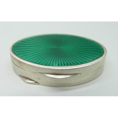 945 - A .800 silver green guilloche enamelled box, 30g, 5.5 x 3.3cm