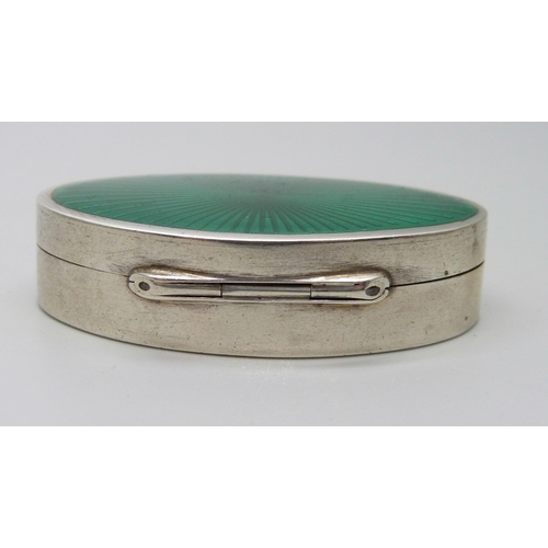 945 - A .800 silver green guilloche enamelled box, 30g, 5.5 x 3.3cm