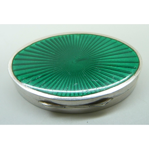 945 - A .800 silver green guilloche enamelled box, 30g, 5.5 x 3.3cm