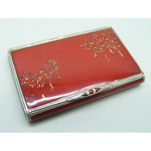 946 - An Austrian sterling silver P.H Vogel Art Deco card case in bright red enamel with black sides, gilt... 