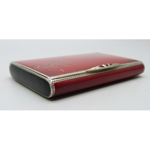 946 - An Austrian sterling silver P.H Vogel Art Deco card case in bright red enamel with black sides, gilt... 