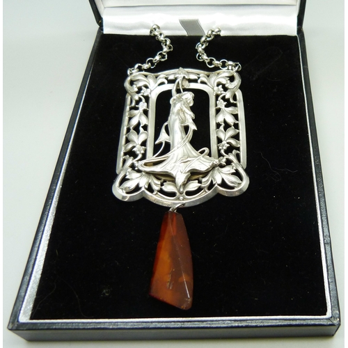 959 - An Art Nouveau style necklace with amber drop by Lelong Designs London, 12cm including drop