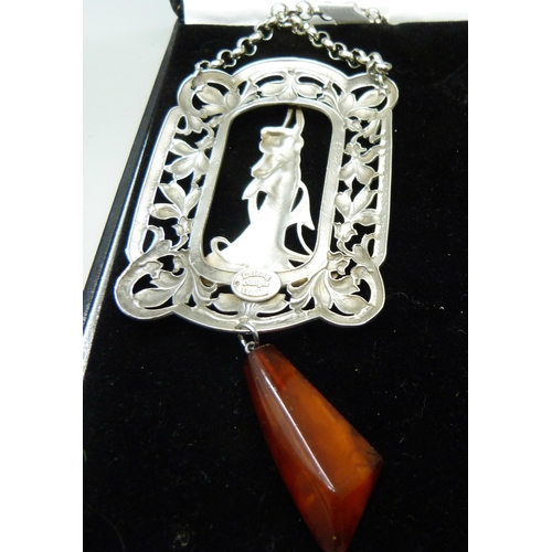 959 - An Art Nouveau style necklace with amber drop by Lelong Designs London, 12cm including drop