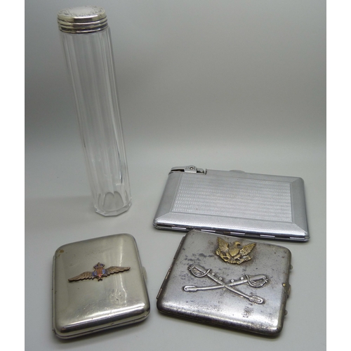 975 - A silver topped glass bottle, two cigarette cases, RAF and US cavalry and a combination lighter/ciga... 