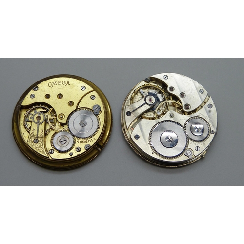 976 - A Longines pocket watch movement and an Omega pocket watch movement