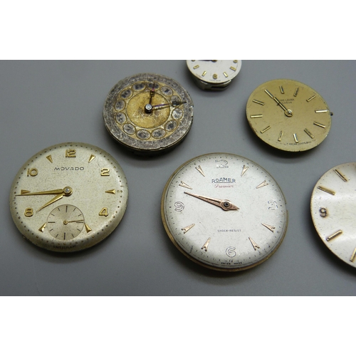 982 - Six watch movements including Rolco by Rolex, Longines, Roamer, Movado, Tissot & Favre-Leuba