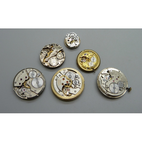 982 - Six watch movements including Rolco by Rolex, Longines, Roamer, Movado, Tissot & Favre-Leuba