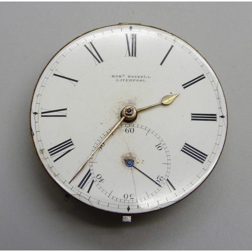 985 - A pocket watch movement by Robert Roskell, Liverpool with diamond end stone