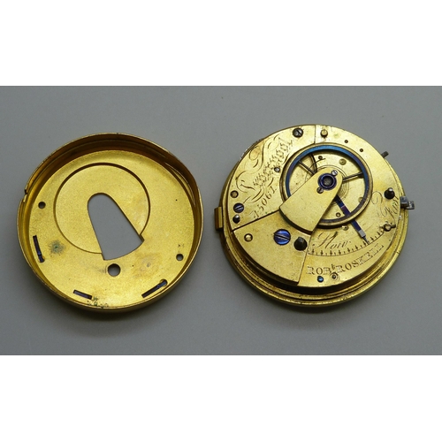 985 - A pocket watch movement by Robert Roskell, Liverpool with diamond end stone