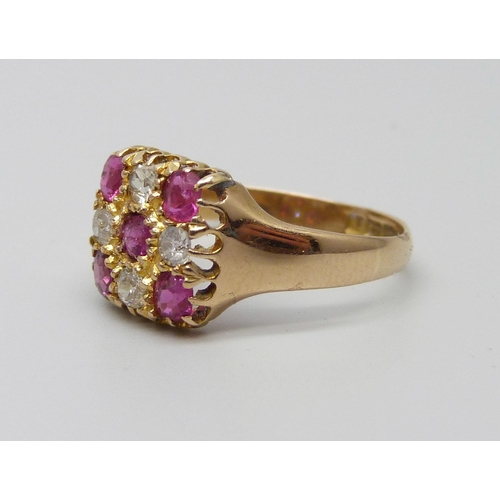 996 - An 18ct gold, ruby and diamond ring, Birmingham 1910, 2.9g, P