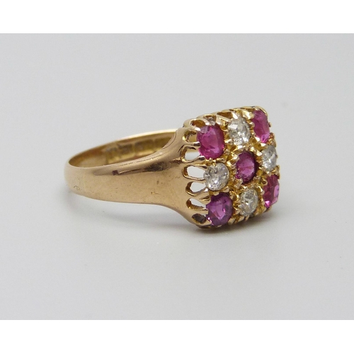 996 - An 18ct gold, ruby and diamond ring, Birmingham 1910, 2.9g, P