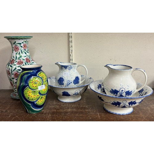 268 - Two blue and white wash jugs and bowls including Poole Pottery and two Studio Pottery vases and a di... 