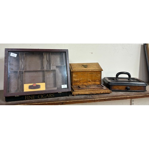 273 - A Castella mahogany cigar cabinet, an oak desk tidy and a Victorian ink stand