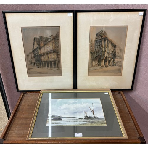 320 - Alan Whitehead, coastal landscape, watercolour, framed and two limited edition etchings