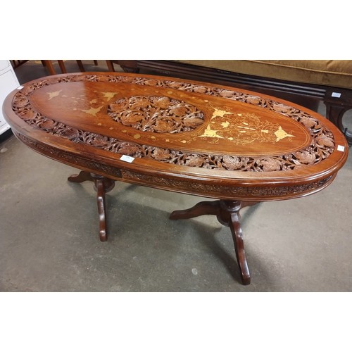 238 - A Chinese carved hardwood and brass inlaid coffee table