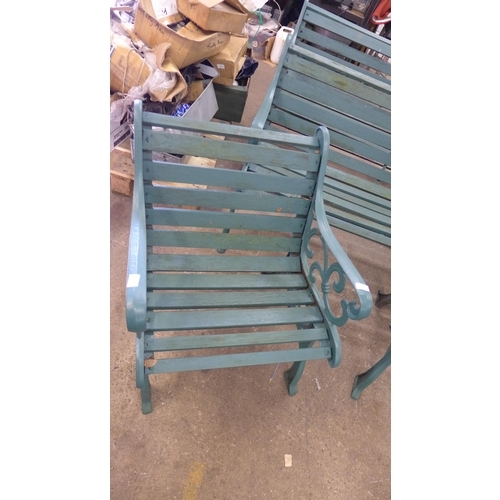 5118 - 2 green painted wooden garden benches with cast iron bench ends and 2 matching green painted wooden ... 