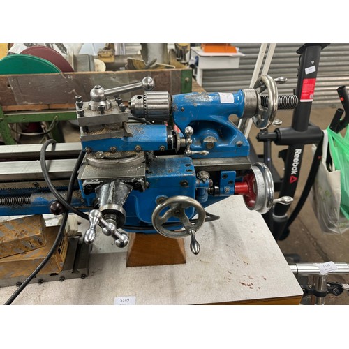 5149 - A Myford ML7 metal working lathe with a TG5, 4 jaw chuck and a Jacob 3 jaw chuck, mounted on wooden ... 