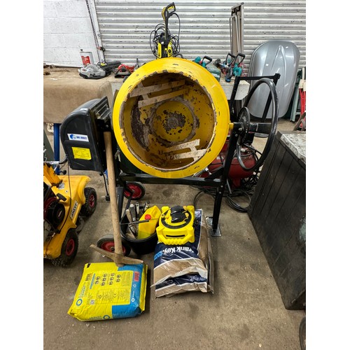 5151 - A KMS EW6140 cement mixer, 375mm drum opening, 140L capacity with a bag of Blue Circle Mastercrete c... 