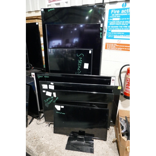 6296 - A quantity of damaged/faulty TV's to include: LG, Sony, Toshiba, Hisense and a box containing stands... 