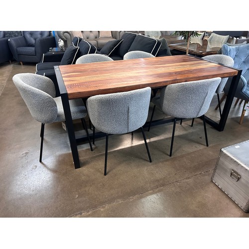 3031 - A Fire hardwood and steel dining table and six grey upholstered dining chairs *This lot is subject t... 