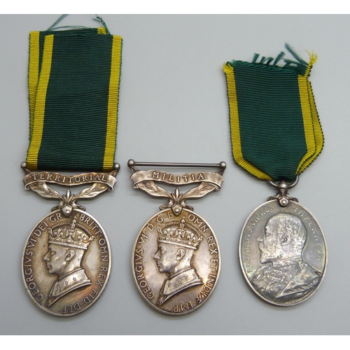 2007 - Three medals, Territorial to 4976653 Pte. W. Wood, Foresters; Militia to 1864676 Spr. H.R. Miles RE ... 