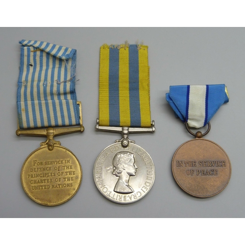 2013 - A Korea medal to 14477188 Pte. A. Cheetham, Foresters, a UN Korea medal and one other UN medal