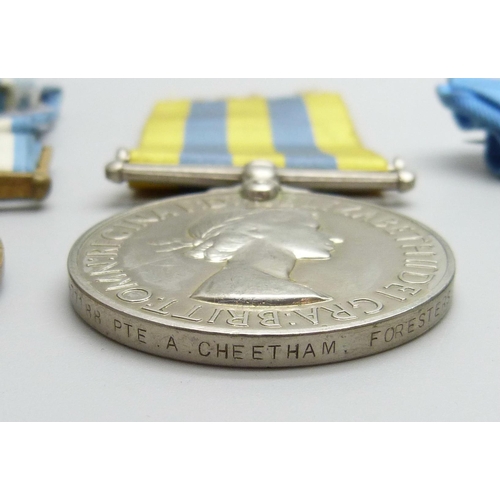 2013 - A Korea medal to 14477188 Pte. A. Cheetham, Foresters, a UN Korea medal and one other UN medal