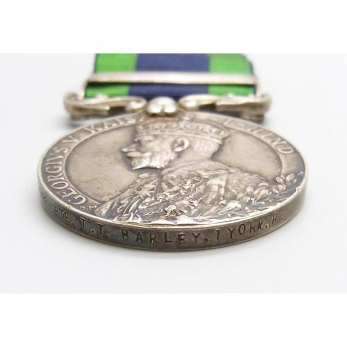 2030 - An India General Service medal with Afghanistan N.W.F. 1919 clasp to 9988 Pte. T.T. Barley, 1. York.... 