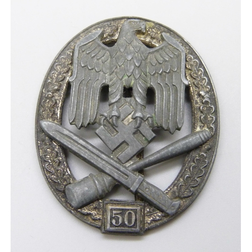 2055 - A German WWII 50 Engagement General Assault badge, marked JFS