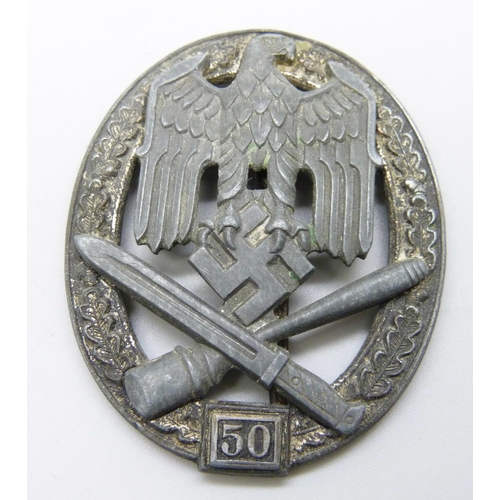 2055 - A German WWII 50 Engagement General Assault badge, marked JFS