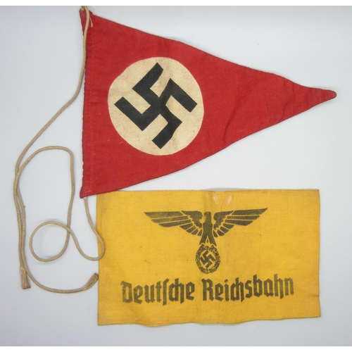 2086 - A German WWII period Deutche Reichsbahn armband, (German National Railway), and a pennant