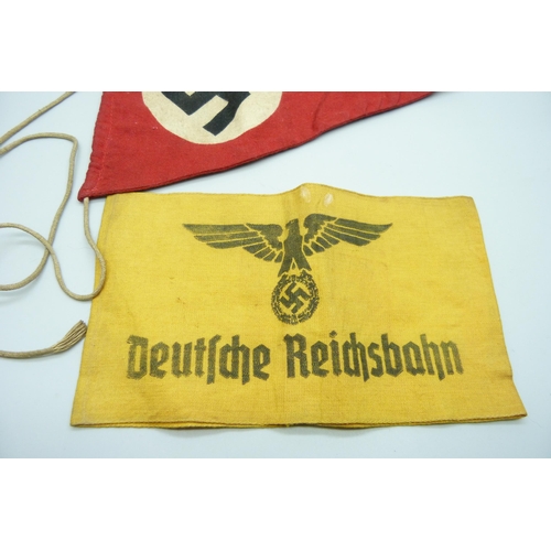 2086 - A German WWII period Deutche Reichsbahn armband, (German National Railway), and a pennant