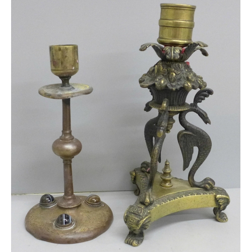2097 - A Regency candlestick with phoenix detail and an early Victorian, (c.1845), candlestick in copper an... 