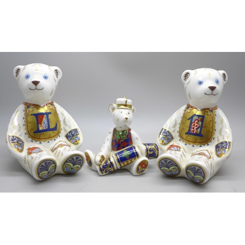 2116 - Three Royal Crown Derby Teddy bear paperweights, two with gold stoppers, Alphabet Bear and Number Be... 