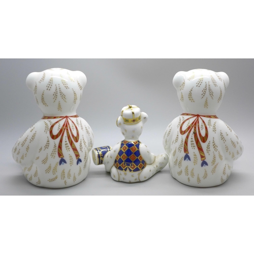 2116 - Three Royal Crown Derby Teddy bear paperweights, two with gold stoppers, Alphabet Bear and Number Be... 