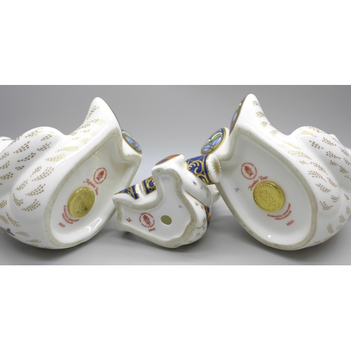 2116 - Three Royal Crown Derby Teddy bear paperweights, two with gold stoppers, Alphabet Bear and Number Be... 