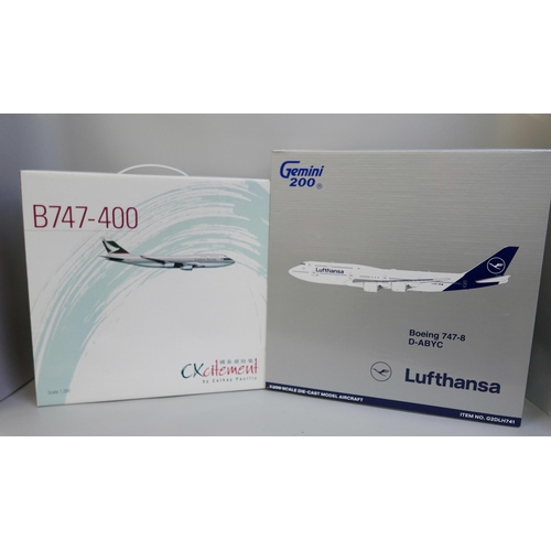 2250 - Three model aircraft; Gemini 200 Lufthansa Boeing 747-8, Cathay Pacific 747-400 and a Cobi Brookland... 