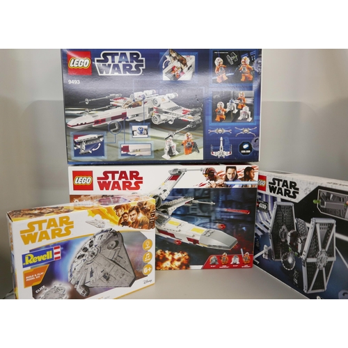 2260 - Three Lego Star Wars sets, 75218, 9493, 75300 and a Revell Star Wars Millennium Falcon, 06767
