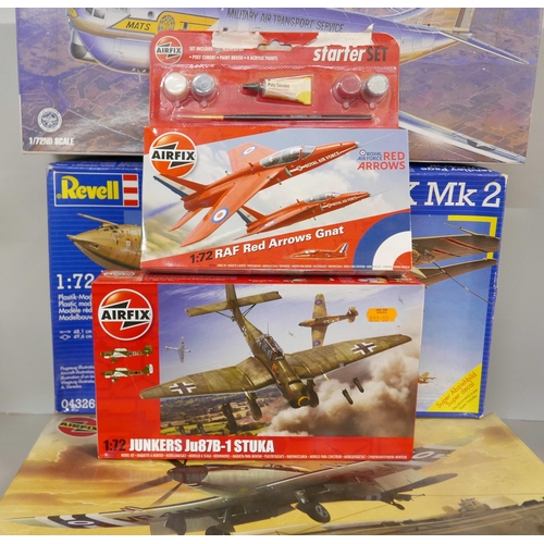 2262 - A collection of model aircraft kits, Airfix Junkers JU87B-1, RAF Red Arrows Gnat, Supermarine Seafir... 