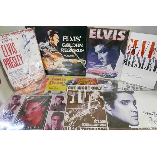 2271 - Elvis Presley books, an LP record and tin plate signs