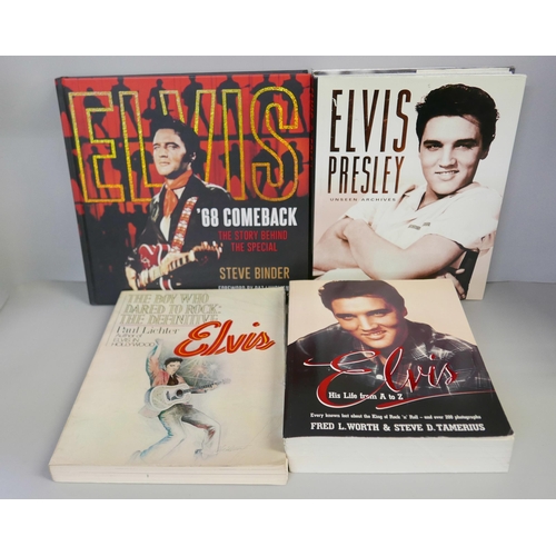 2271 - Elvis Presley books, an LP record and tin plate signs
