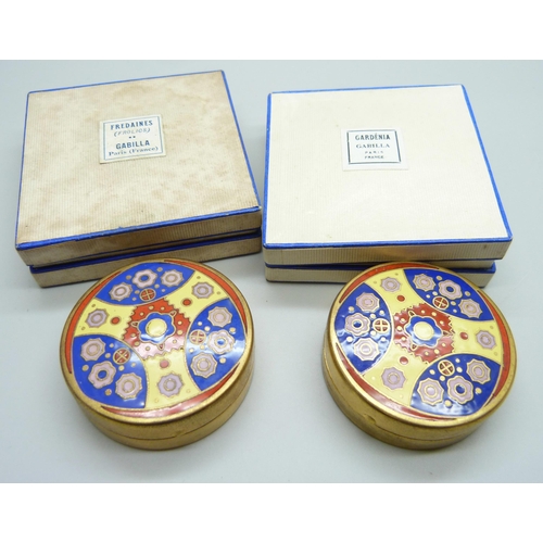 2274 - Two 1920/30s French perfumes in enamelled compacts, Gardenia and Fredaines by Gabilla