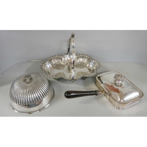 2328 - A collection of plated ware comprising a cloche (lacking base plate), a basket and a warming dish