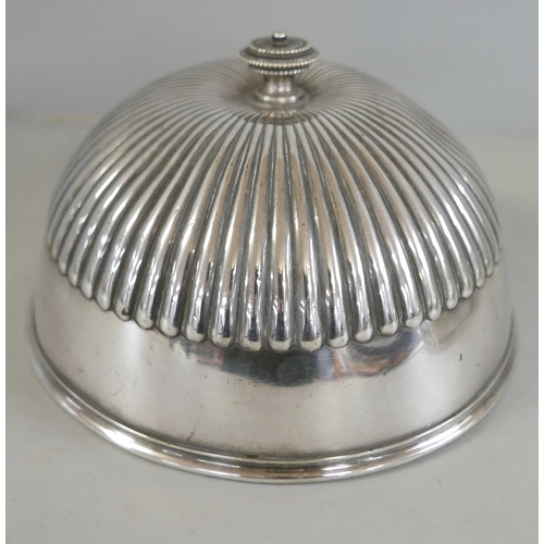 2328 - A collection of plated ware comprising a cloche (lacking base plate), a basket and a warming dish